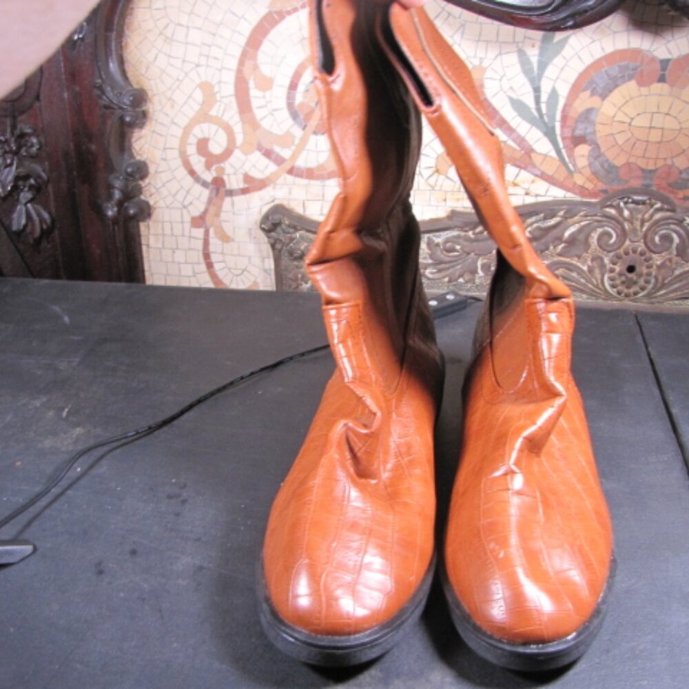 Ahongm Fashion Brown Faux Leather Snake Boots Flower Stamp EU Size 45